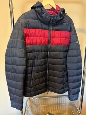 Armani Jeans Black Double Sided Puffer Jacket with Red Chest Panel and Hood